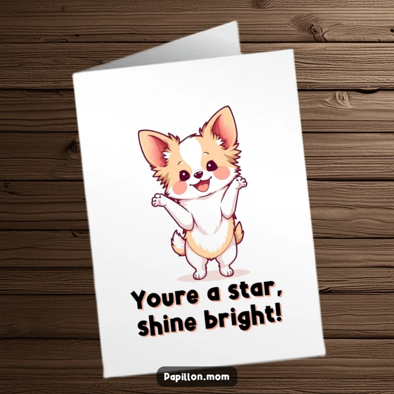 Funny Free Printable Congratulations Card featuring a Kawaii Papillon dog in a graceful pose, radiating absolute delight.