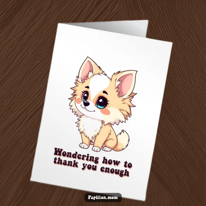 Funny Free Printable Papillon Lady Thank You Card, with an inquisitive tilt of her head, expressing thanks thoughtfully.