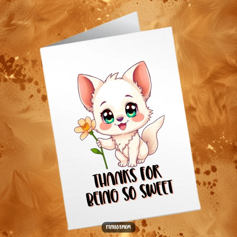 Funny Free Printable Papillon Thank You Card: Cute dog with expressive eyes reaching for a delicate flower.
