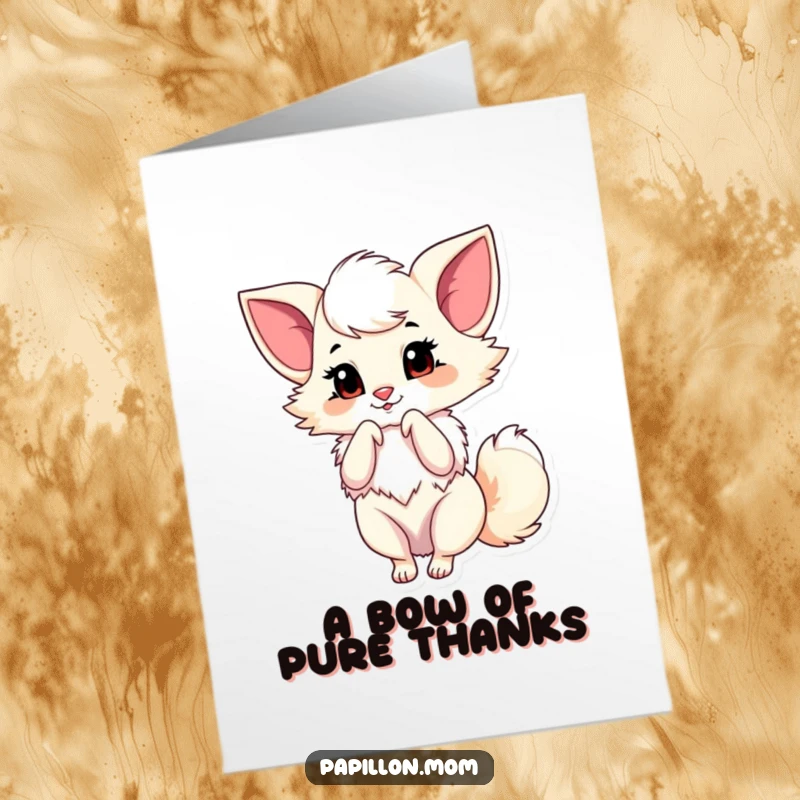 Funny Free Printable Thank You Card: Graceful Papillon dog performing a little bow. A chic and humorous downloadable gift.