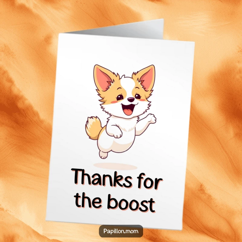 Joyful Free Printable Thank You Card: an excited Papillon dog performing a graceful leap, expressing heartfelt thanks with enthusiasm.