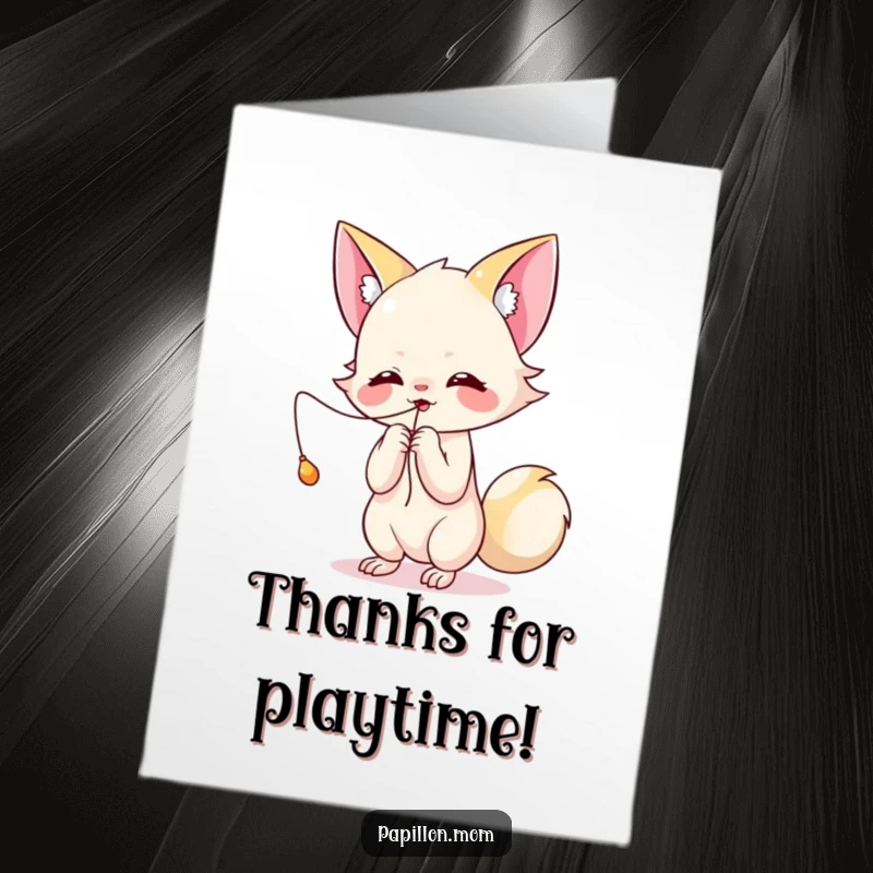 Free Printable Thank You Card: Kawaii Papillon lady playfully batting at a dangling string, a fun and grateful gesture.