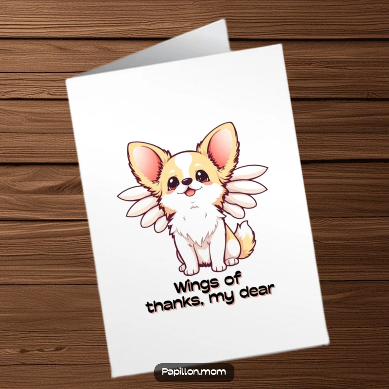 Funny Free Printable Thank You Card: Kawaii Papillon dog with elegant wings flared, looking up happily, showing gratitude.