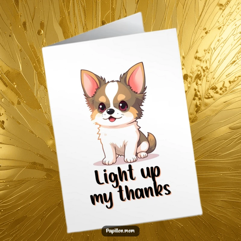 Funny Free Printable Thank You Card: Kawaii Papillon dog with delicate ears perked, chasing a light beam with curiosity.