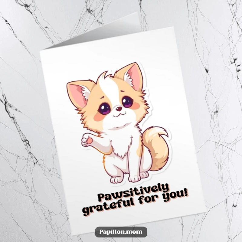 Funny Free Printable Thank You Card: Adorable Papillon dog extending a paw in thanks. A sweet and humorous downloadable gift.