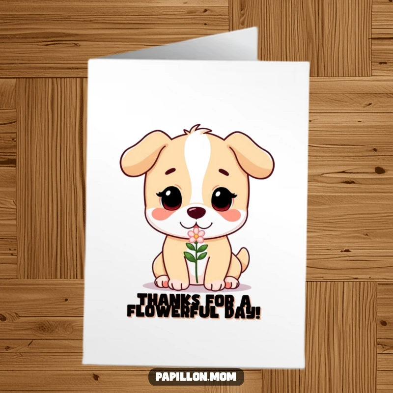 Funny Free Printable Thank You Card: Dog with a soft gaze offers a small flower, expressing delightful gratitude with warmth.