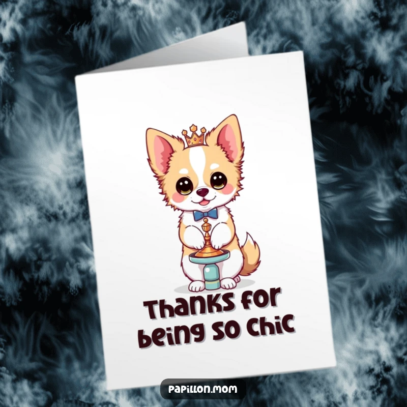 Funny Free Printable Thank You Card with a Kawaii Papillon dog balancing a tiny, fancy accessory with remarkable flair.