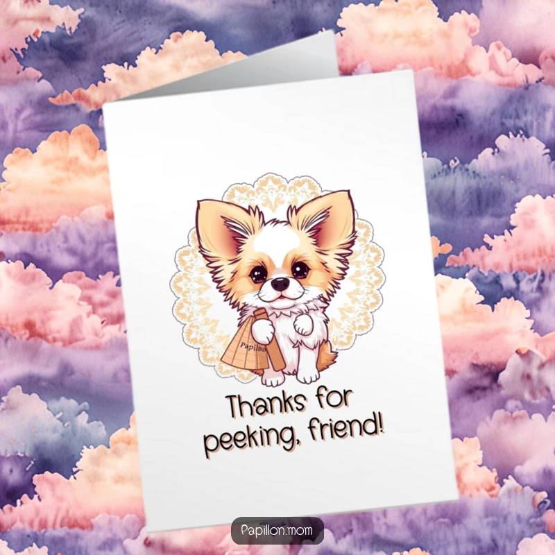Funny Free Printable Thank You Card: A Papillon dog's curious eyes peek from behind a large, decorative lace fan.