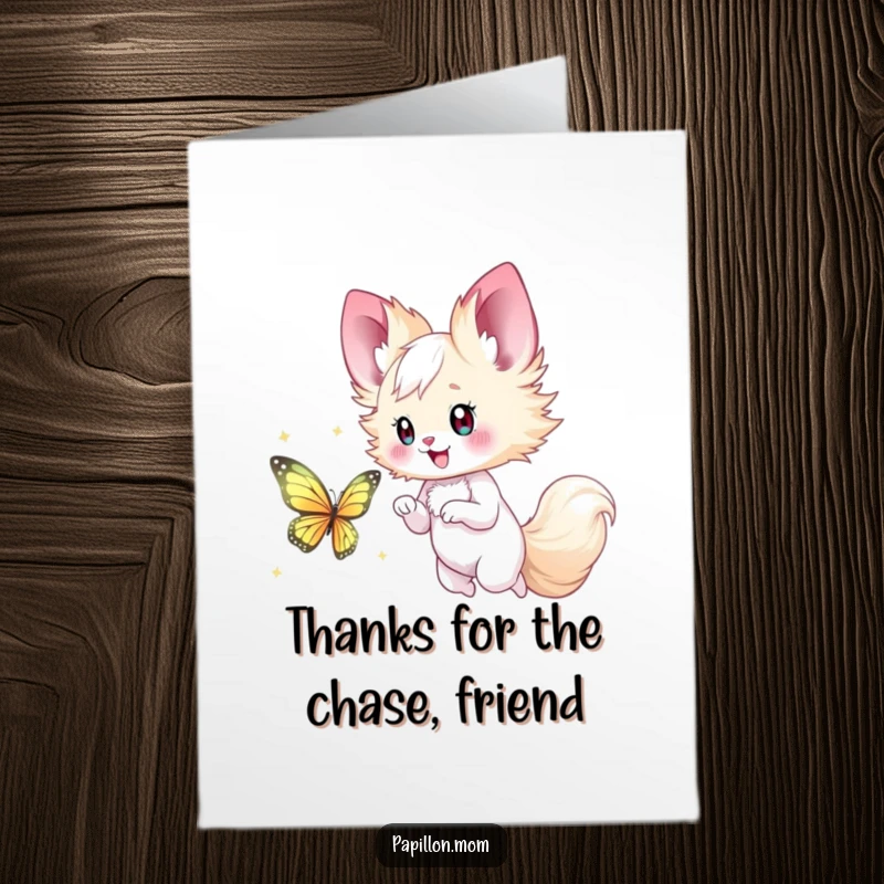 Funny Free Printable Papillon Lady Thank You Card, happily chasing a shimmering butterfly, expressing thanks playfully.