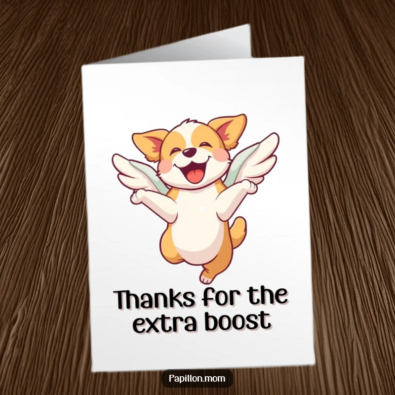 Funny Free Printable Thank You Card of a dog leaping with wings, expressing joyful thanks