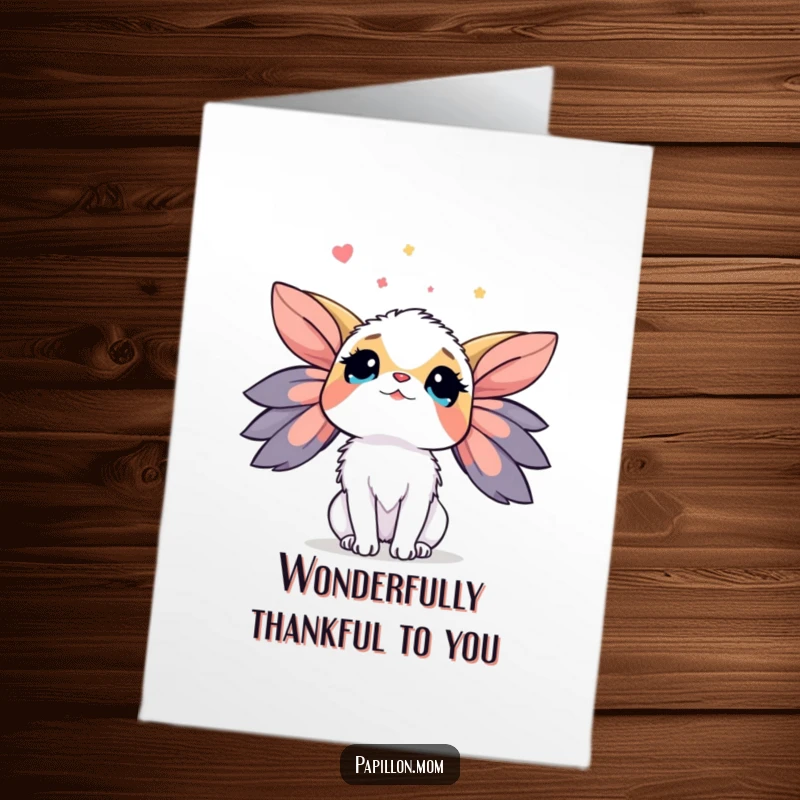 Free Printable Thank You Card: Papillon dog looking up at the sky with wonder, expressing gratitude. A whimsical downloadable gift.