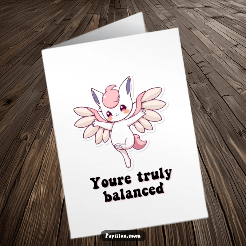 Funny Free Printable Thank You Card: Character balancing on one paw with wings outstretched, showing graceful thanks