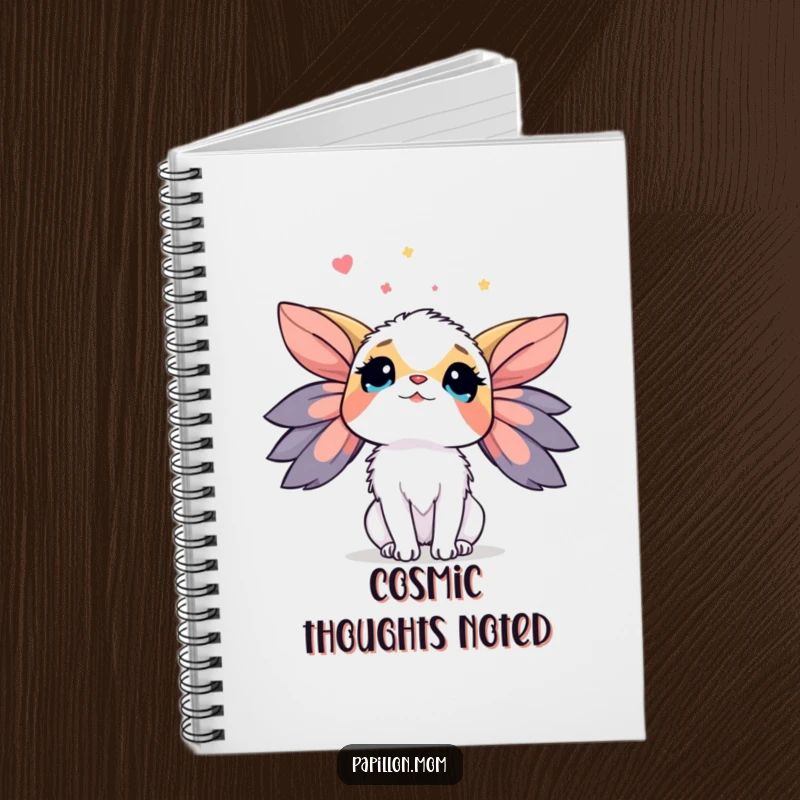 Funny Papillon Notebook featuring a lady dog looking up at the sky with wonder, perfect for journaling with a touch of dreamy humor.