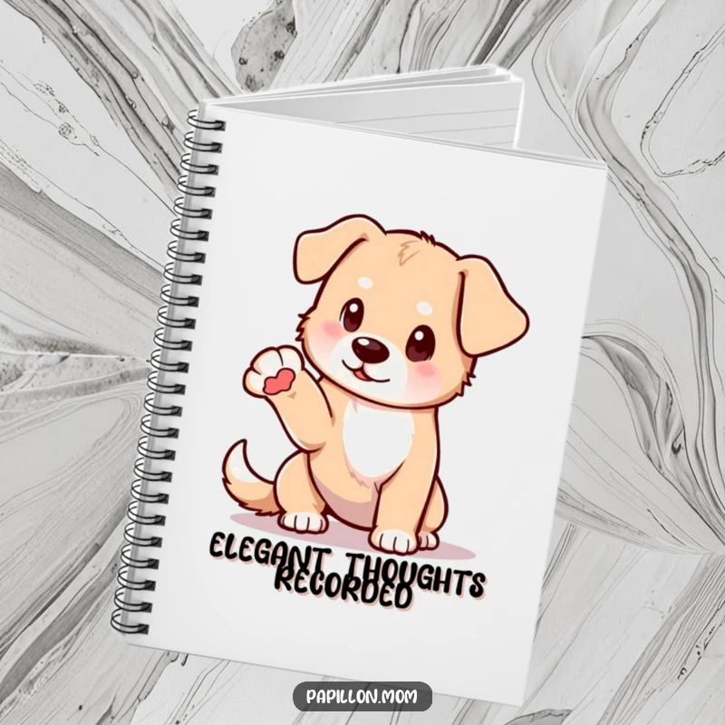 Funny notebook cover with a dog in a delicate pose, one paw elegantly extended; ideal for writing and sketching inspirations.