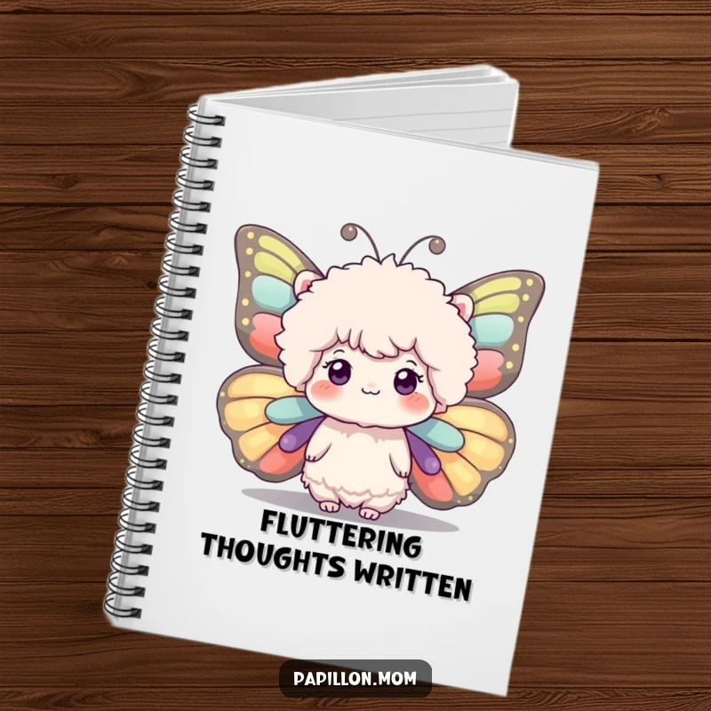 Funny notebook featuring a fluffy head with large, expressive butterfly wings, ideal for jotting down notes with a whimsical flair.
