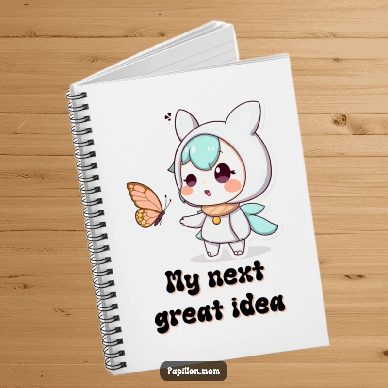 Funny notebook cover showcasing a character’s surprised and delighted expression as a butterfly flutters near, perfect for capturing creative thoughts.