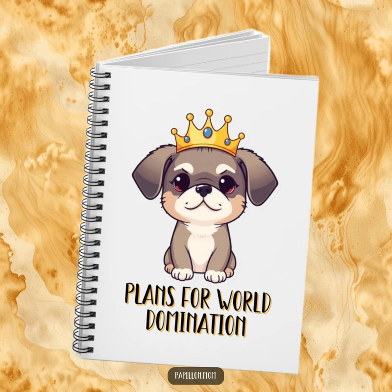 Funny Notebook: A dog wears a tiny crown, symbolizing regal authority with a playful and charming demeanor.