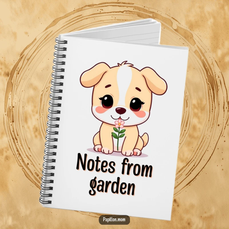 Funny notebook cover showing a dog with a sweet, gentle expression offering a small flower, encouraging thoughtful writing.