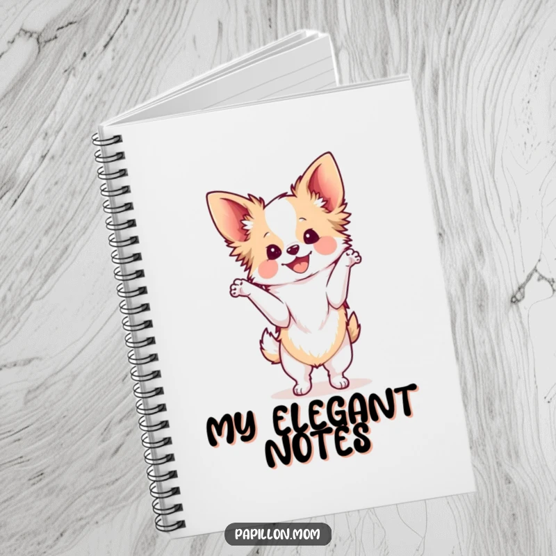 Funny Kawaii Papillon dog notebook, featuring a cute French butterfly dog in a graceful pose, radiating delight, perfect for jotting down elegant notes.
