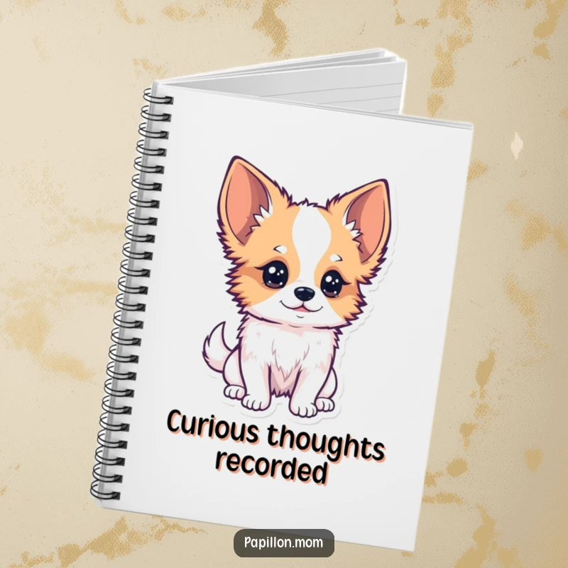 Funny Kawaii Papillon Dog Notebook featuring a Papillon dog with a curious tilt of its head, observing closely, perfect for journaling.