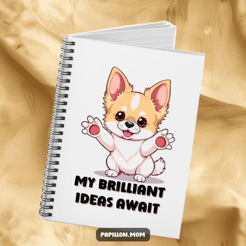 Funny Kawaii Papillon dog notebook, cute pup inviting play, perfect for notes, plans, and creative writing.
