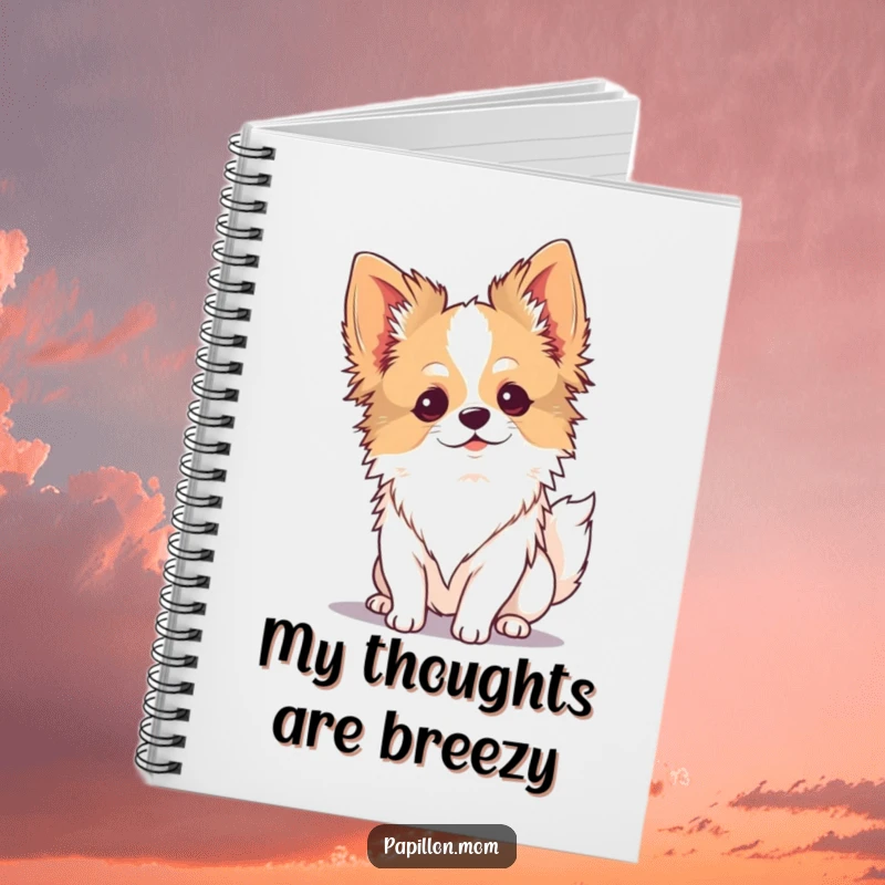 Funny Kawaii Papillon dog notebook, serene pup enjoying the wind, ideal for journaling and thoughtful notes.