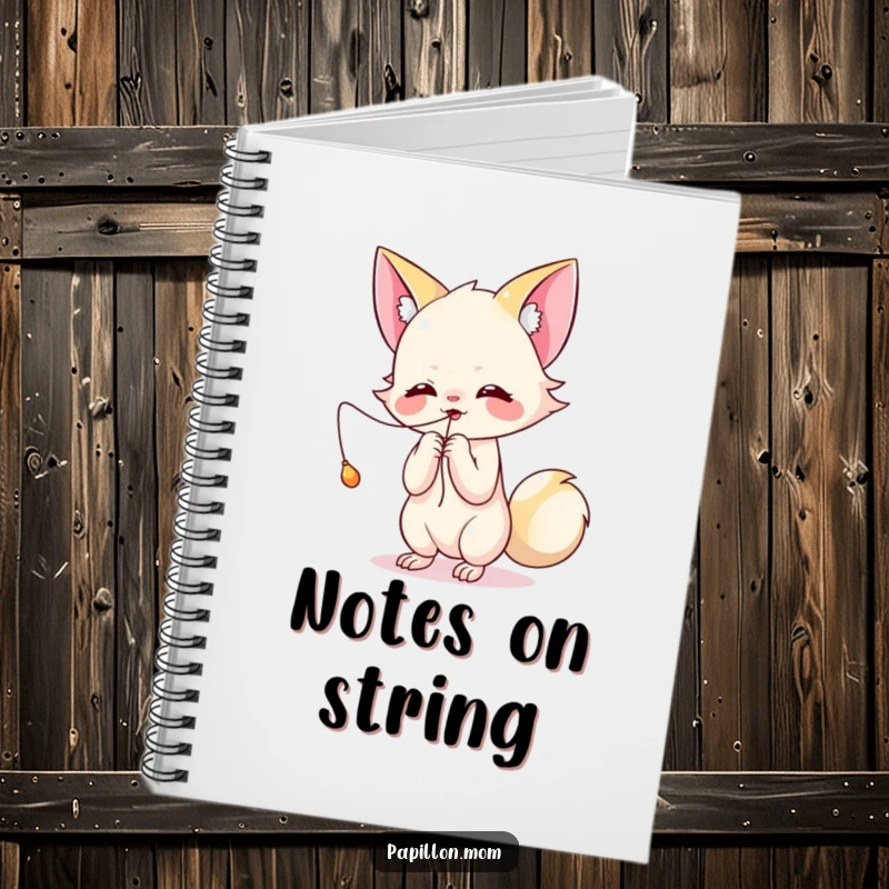 Funny Kawaii Papillon notebook illustrating a cute lady playfully batting at a dangling string, perfect for creative notes and fun ideas.