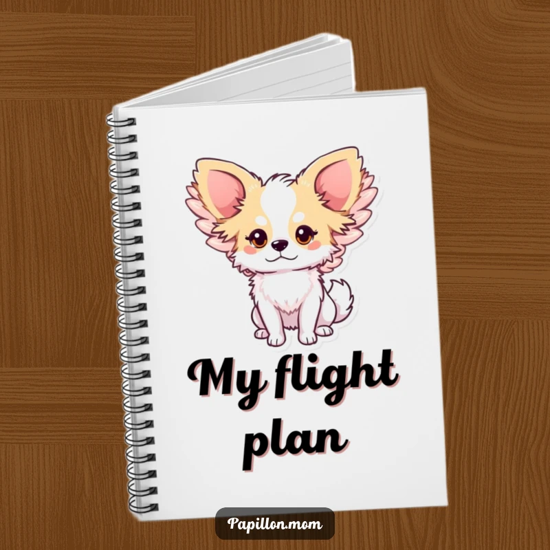 Funny Papillon dog notebook with a cute character sporting large, gently flapping wings, perfect for jotting down ideas and daily thoughts.