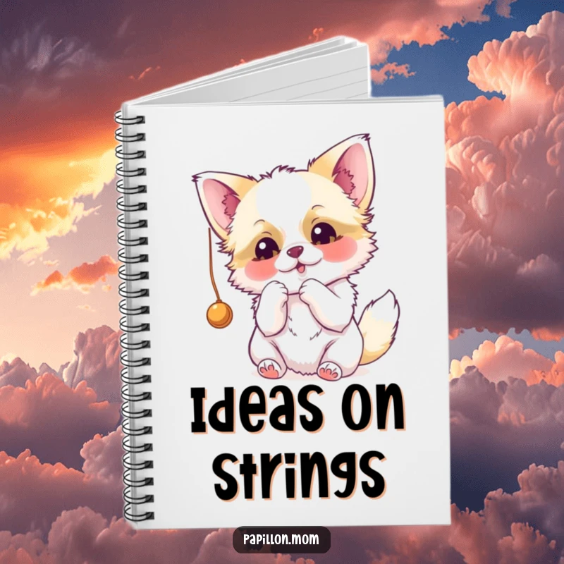 Funny Papillon notebook with a dog playfully batting at a string, ideal for jotting down notes with a smile.