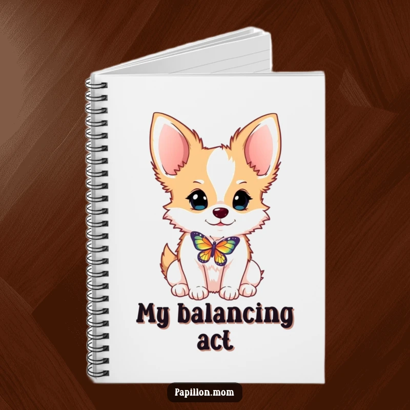 Funny Papillon dog notebook with a dog balancing a butterfly on its nose, encouraging creative writing and humorous notes.
