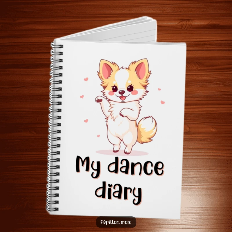 Funny Papillon dog in an elegant dance pose with a flourish, on the cover of a stylish and functional notebook.