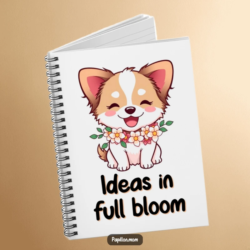 Funny Papillon dog character with a flower garland, looking joyful on the cover of a notebook.
