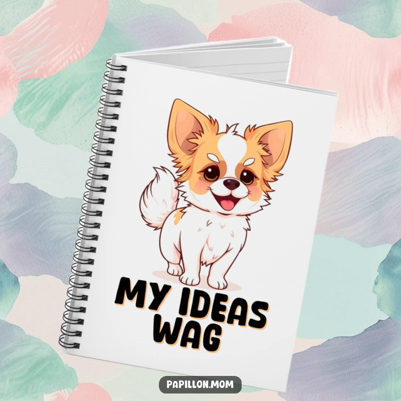 Funny notebook with a Papillon dog joyfully wagging its plumed tail, perfect for jotting down happy thoughts.