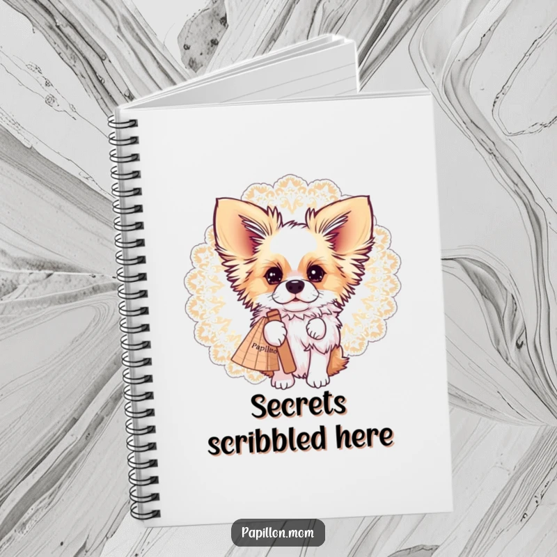 Funny Papillon dog’s face partially visible behind an ornate lace fan, on the cover of a chic notebook.