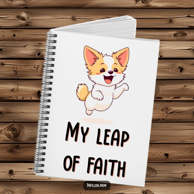 Funny Papillon dog notebook with a cute character performing a graceful leap, perfect for note-taking and expressing energetic thoughts.