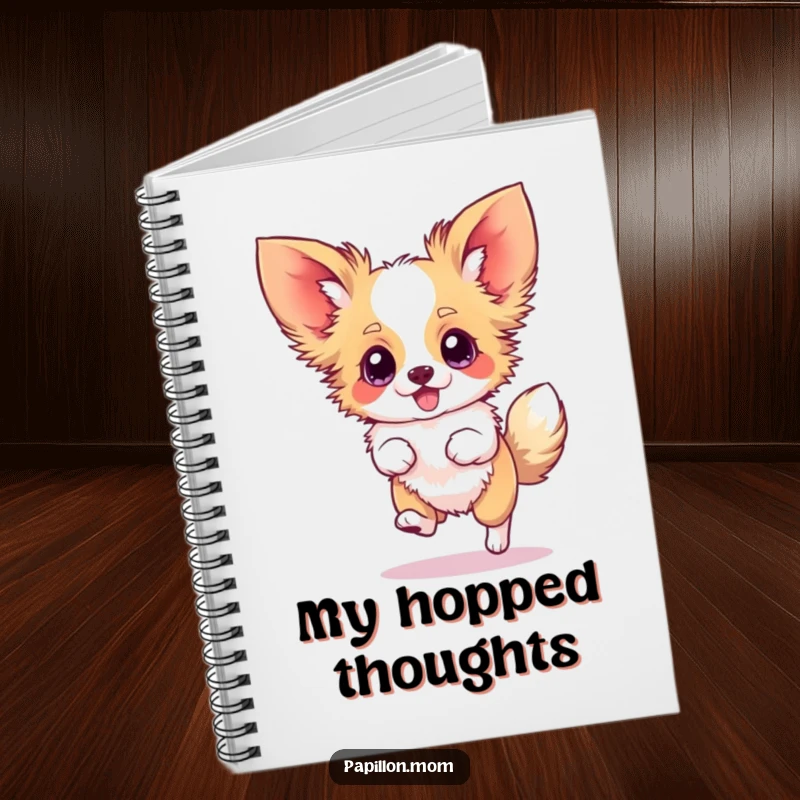 Funny Papillon notebook with a dog doing a silly hop with blurred ears, perfect for note-taking and brainstorming.