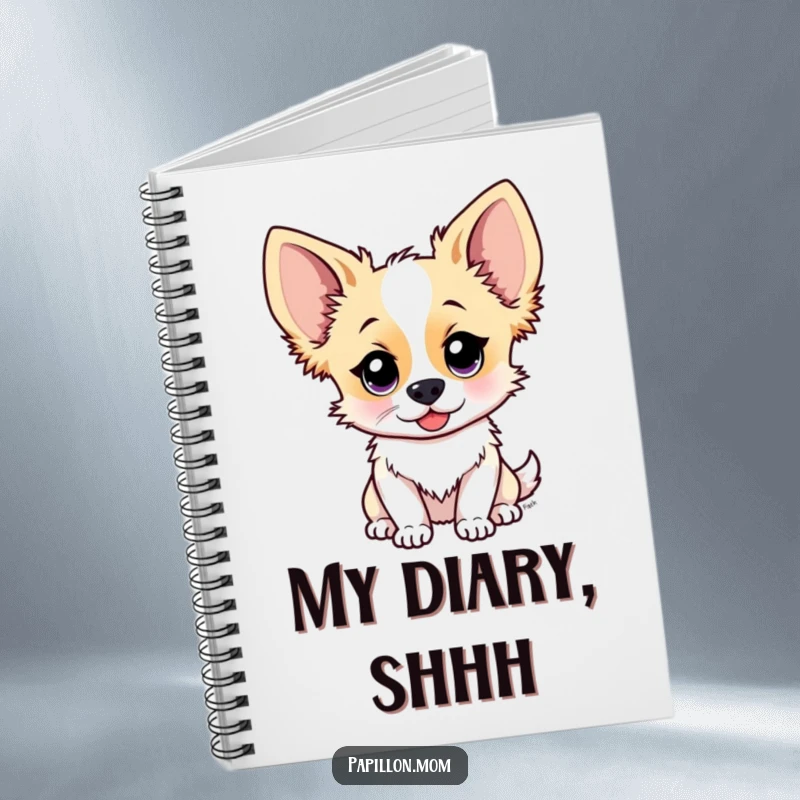 Funny Papillon dog notebook with a cute character whose ears are perked, listening intently, perfect for note-taking and mindful journaling.
