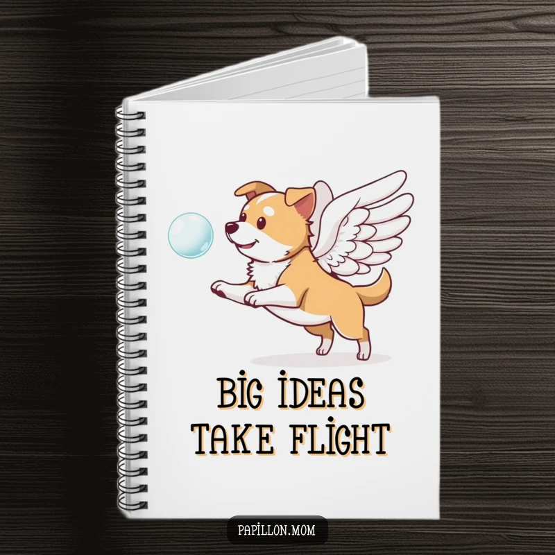 Funny notebook cover with a dog with prominent wings, playfully chasing a floating bubble; ideal for writing and sketching ideas.