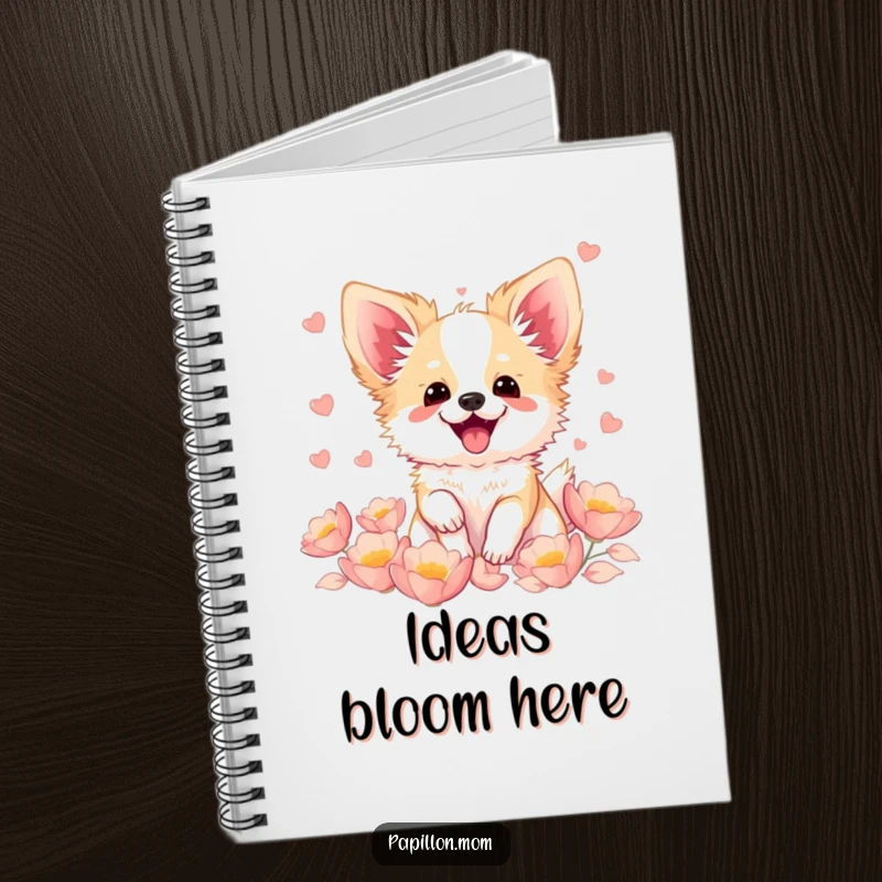 Funny Kawaii Papillon dog notebook, featuring a cute French butterfly dog fluttering with excitement amidst soft petals, perfect for jotting down cheerful thoughts.
