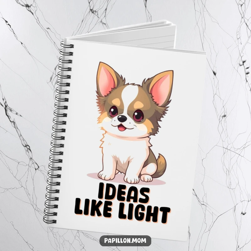 Funny Kawaii Papillon Dog Notebook featuring a Papillon dog with delicate ears perked, chasing a light beam, perfect for note-taking.