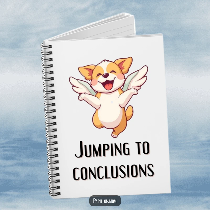 Funny notebook cover with a dog leaping with joy, its wings giving it an extra boost; ideal for writing and capturing bright ideas.