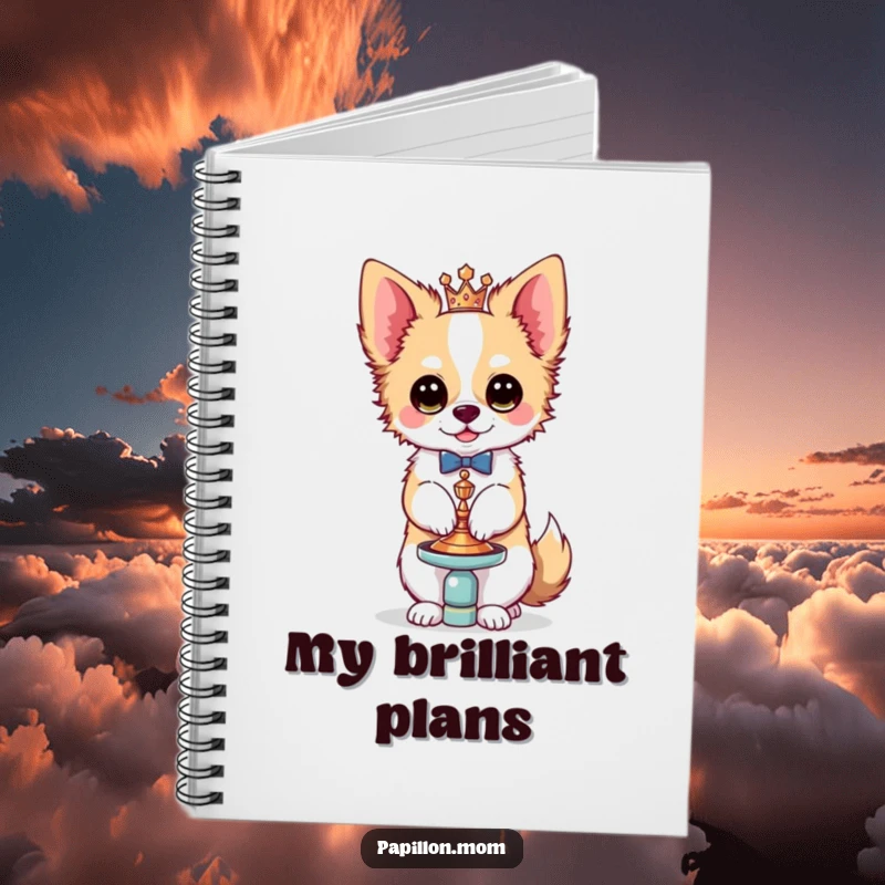 Funny Kawaii Papillon dog notebook, featuring a cute French butterfly dog balancing a small, ornate accessory with elegant flair, perfect for stylish notes.