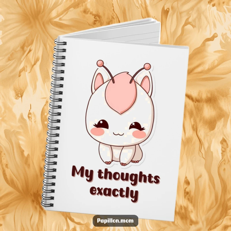 Funny notebook showcasing a character with a gentle smile and twitching antennae, ideal for journaling thoughts and creative brainstorming.