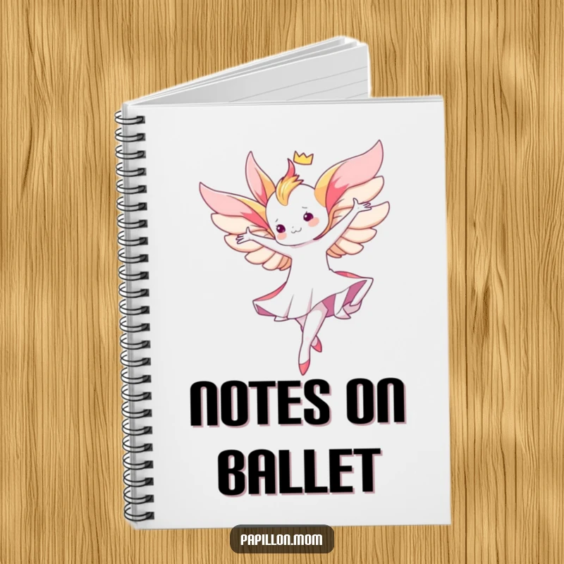 Funny Kawaii Papillon notebook illustrating a cute lady performing a graceful aerial twirl, perfect for elegant notes and inspired ideas.
