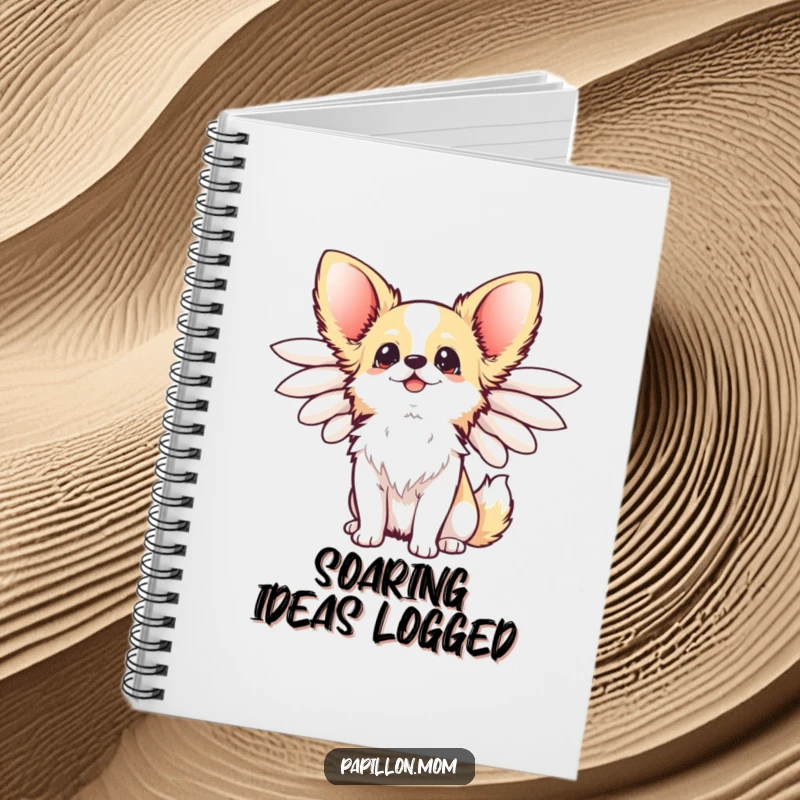 Funny Kawaii Papillon Dog Notebook featuring a happy Papillon dog with elegant wings flared, looking up joyfully, ideal for journaling.