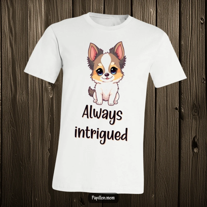 Funny Papillon dog t-shirt displaying a dog with a bright, intensely curious and happy expression.