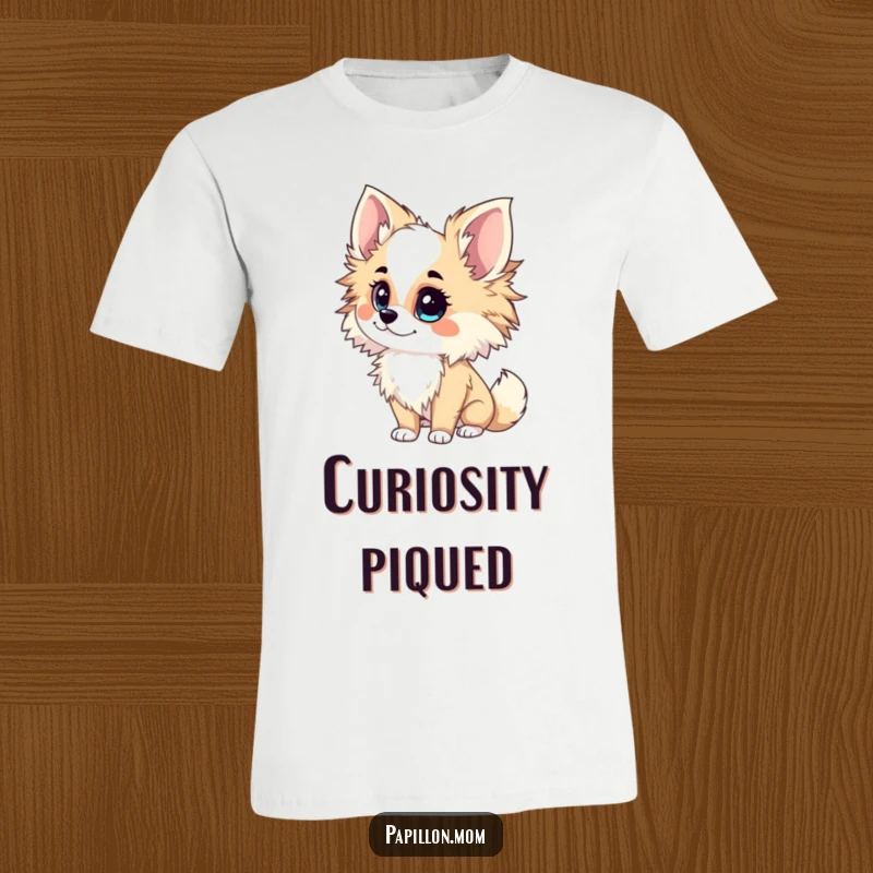 Funny Papillon Lady T-Shirt depicting an inquisitive tilt of the head, symbolizing curiosity, thought, and a keen interest.