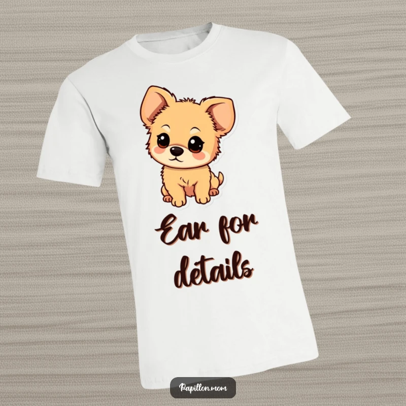 Funny t-shirt depicting a small, fluffy dog with large, floppy ears looking up with an expression of pure, sweet curiosity.