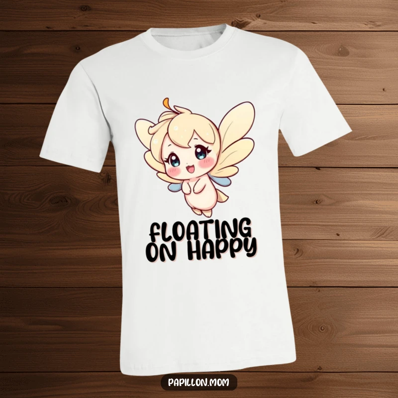 Funny t-shirt showing a character in graceful mid-flight, their face lit up with a happy and contented expression.