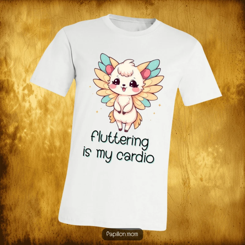 Funny Papillon Lady T-Shirt showing a cute animal with delicate wings fluttering joyfully, radiating happiness and a free spirit.